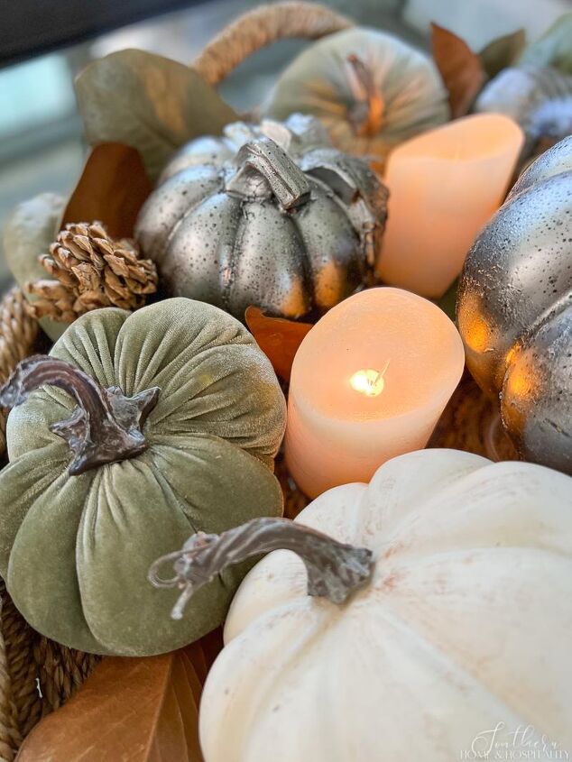 style a stunning fall coffee table centerpiece in five minutes, Candles velvet pumpkins metal pumpkins