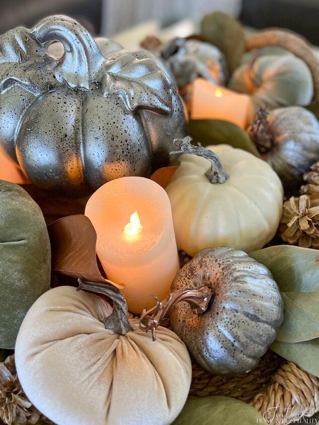 style a stunning fall coffee table centerpiece in five minutes, flameless pillar candle and metal and velvet pumpkins