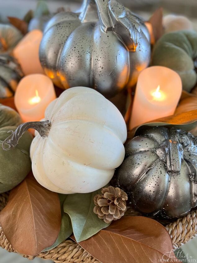 style a stunning fall coffee table centerpiece in five minutes, white pumpkin magnolia leaves and pinecone