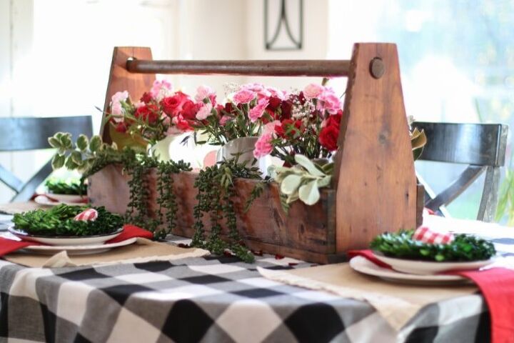 valentines day red roses how to create loving gift arrangements on a, red roses and carnations in vintage tool box make fabulous table display