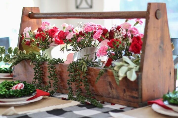 valentines day red roses how to create loving gift arrangements on a, three white ironstone pitchers fit inside vintage toolbox to create floral display