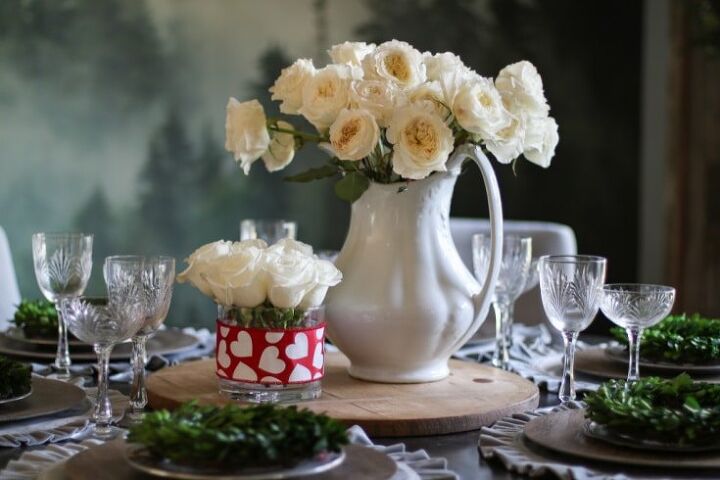 valentines day red roses how to create loving gift arrangements on a, White roses in vintage ironstone pitcher and small Valentines day arrangement on dining room table