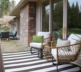 how to make your backyard special with outdoor lighting, striped rug and two wicker chairs from better homes gardens at walmart