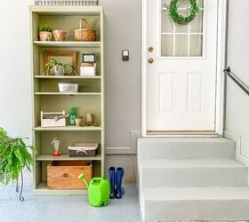 garage makeover ideas, A garage entry makeover with a gardening shelf station