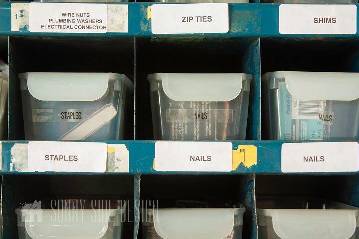 the best tips to an organized and functional garage, Organized garage Repurposed cubbies for small parts like nails screw and bolts with Dollar Store containers to keep small parts organized