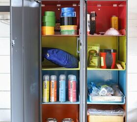 the best tips to an organized and functional garage, Repurposed cabinets for storing paint and paint supplies in the garage