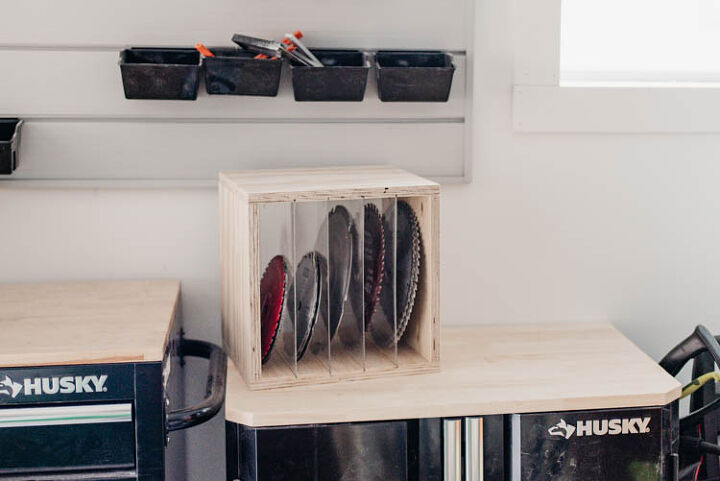 the best tips to an organized and functional garage, DIY storage box for saw blades made with plywood and plexiglass