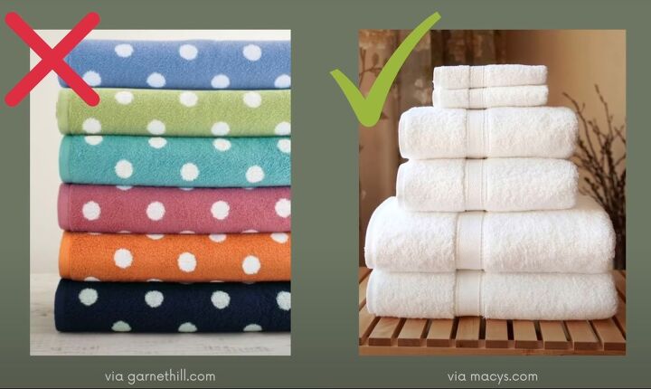 cheap ways to make home look expensive, White towels vs colorful patterned towels