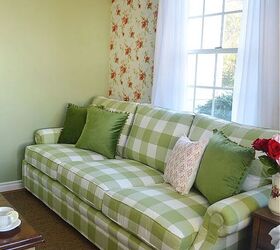 our cottage style family room reveal, Green Checked Cottage Style Sofa