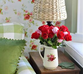 our cottage style family room reveal, Cottage Style Checked Sofa and Floral Wallpaper