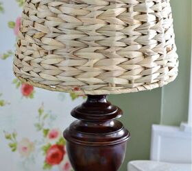 our cottage style family room reveal, Seagrass Lamp shade on brown lamp