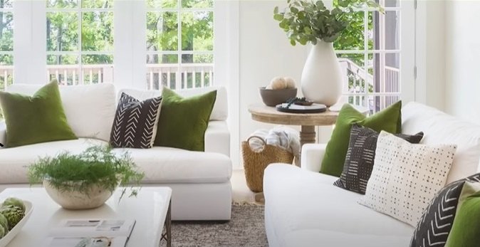 timeless interior design, Neutral furniture with pops of green