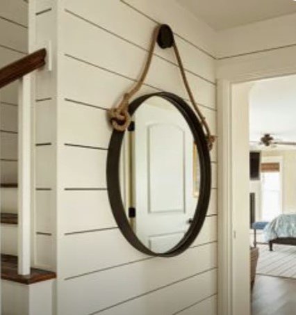interior design trends, Shiplap wall with a mirror