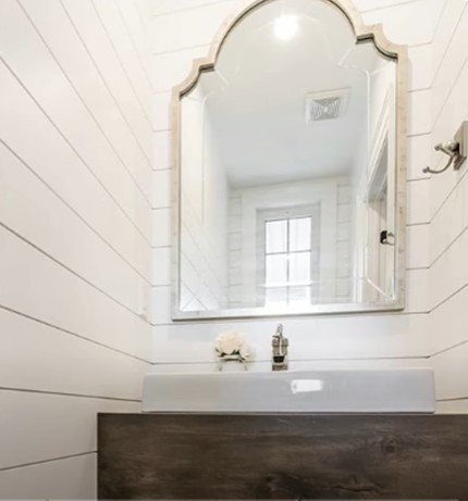interior design trends, Shiplap wall in a bathroom