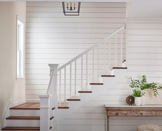 interior design trends, Shiplap wall around a staircase