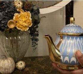 fall entryway table decor, Blue and gold teapot