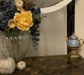 fall entryway table decor, Candleholder and teapot
