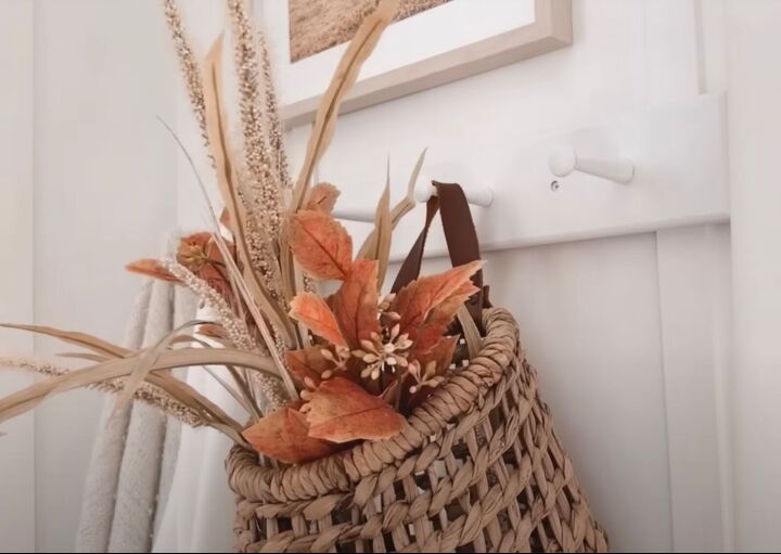 fall decorating living room, Adding a basket to the peg rack