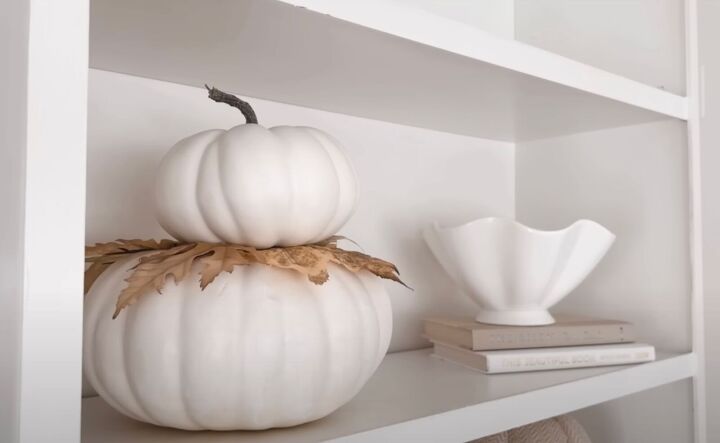 fall decorating living room, White pumpkins and shelf decor