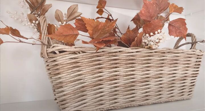 fall decorating living room, Basket with fall leaves and garlands