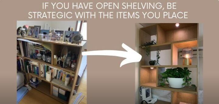 how to make a small home feel bigger, Cluttered vs uncluttered open shelving