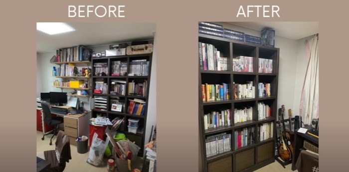 how to make a small home feel bigger, Cluttered vs organised open shelving