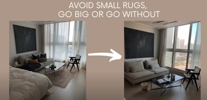 how to make a small home feel bigger, Using a small rug vs no rug