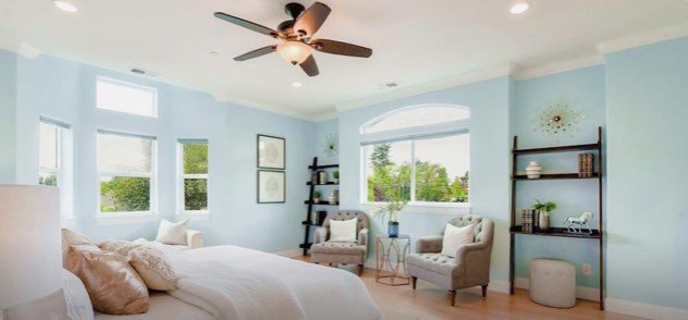 neutral house paint colors, Bedroom with blue and neutral colors