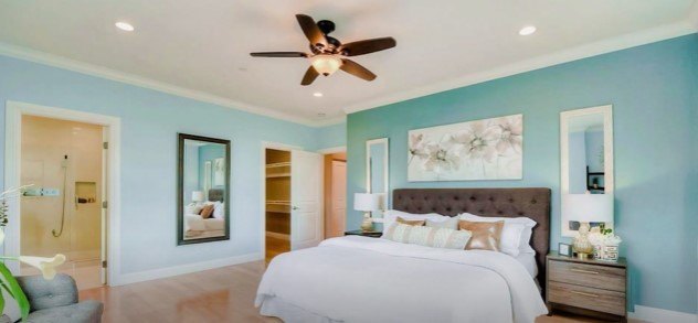 neutral house paint colors, Master bedroom with blue and neutral colors