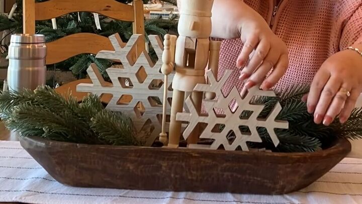 Christmas dough bowl idea with wood snowflakes and a nutcracker