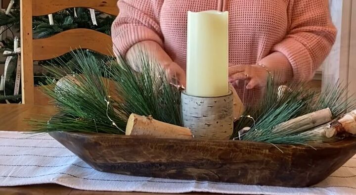 Christmas candle dough bowl display with birch wood logs