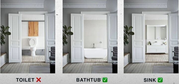 Toilet in front of the door vs bathtub or sink