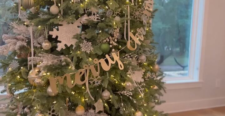 christmas home tour, Merry Christmas banner hanging on a tree