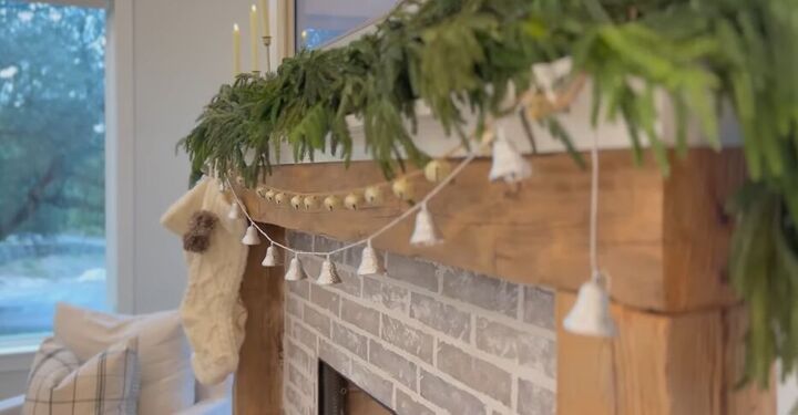 christmas home tour, Mantle with a bell garland