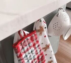 christmas house decorations, Hanging a colander dish towels and an oven mitt