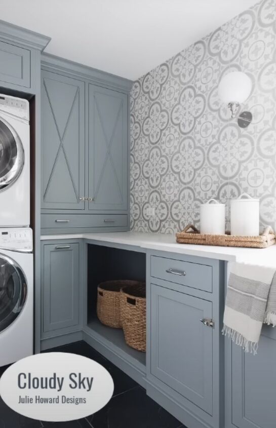 benjamin moore paint colors, Cloudy Sky and Van Courtland Blue in a laundry room