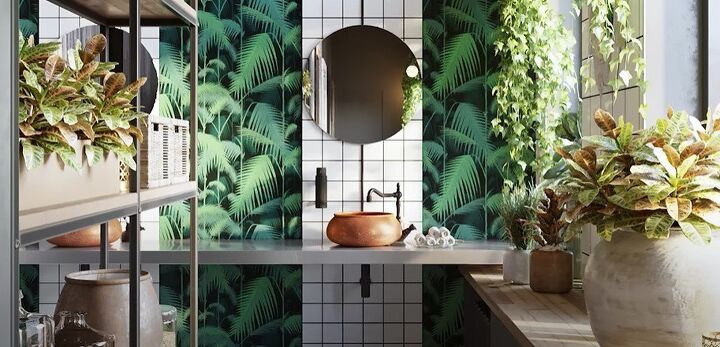 how to decorate boho, Plant wallpaper in a boho bathroom