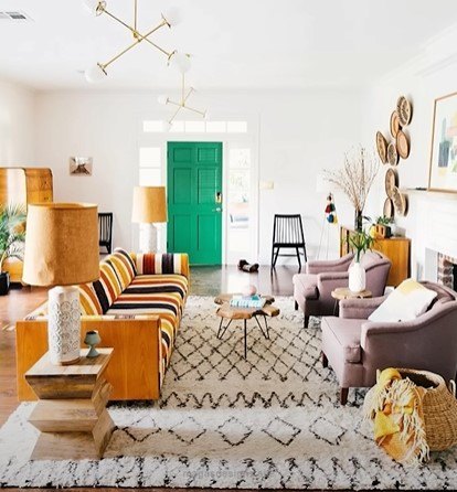 how to decorate boho, Boho living room with pops of color