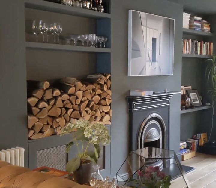 home tour london, Living room with a log fireplace