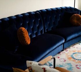 eclectic glam, Blue velvet sofa with throw pillows