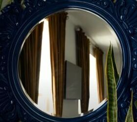 eclectic glam, Blue mirror frame against palm wallpaper