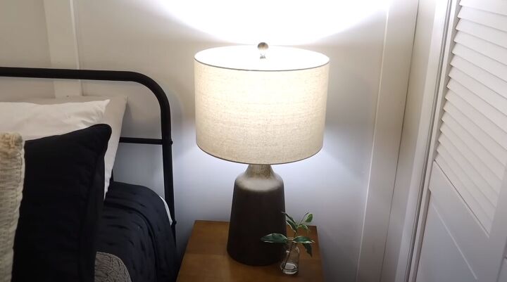 master bedroom tour, Lamp with dark wood base and linen shade