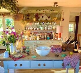 cottagecore interior design, Busy cottagecore kitchen with open shelving