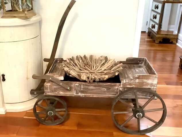 winter decor after christmas, Wooden bowl on top of a wagon