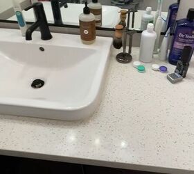 small bathroom makeover, Cluttered bathroom countertop