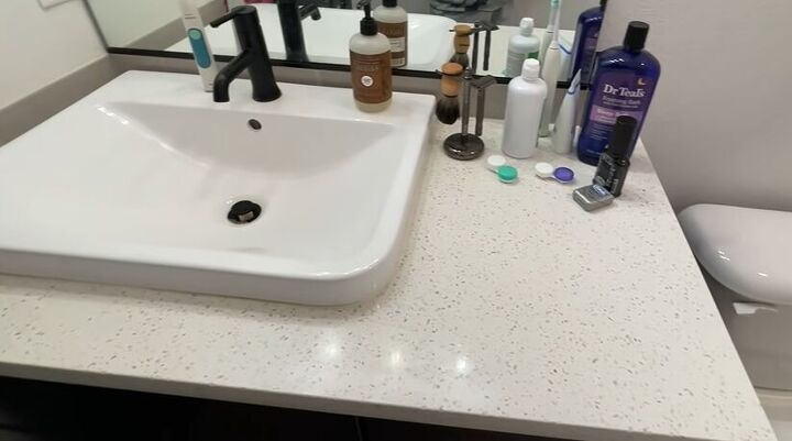 small bathroom makeover, Cluttered bathroom countertop