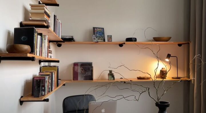 small office makeover, Floating shelves with books