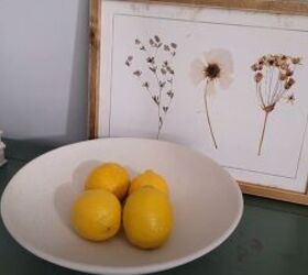 spring entryway decor, Bowl of lemons with framed artwork