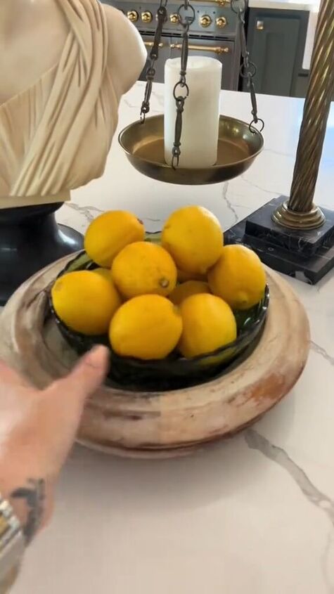 how to style a kitchen island, Thrifted platter and glass bowl of lemons