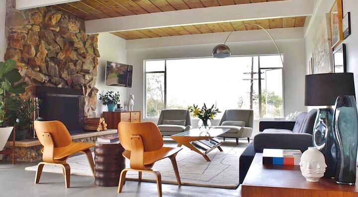 Mid-century modern design with a mix of materials and colors
